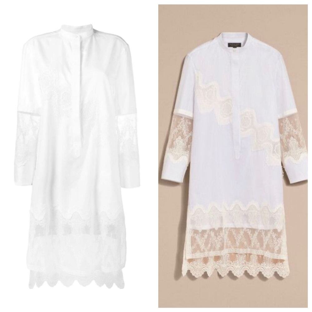 Burberry White Lace Button Up Shift Knee Length Dress 4 Band Collar NWT $1195
